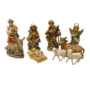 Vintage Italy Nativity Set Wood Stable 7 Figures + 2 Sheep Christmas Decor